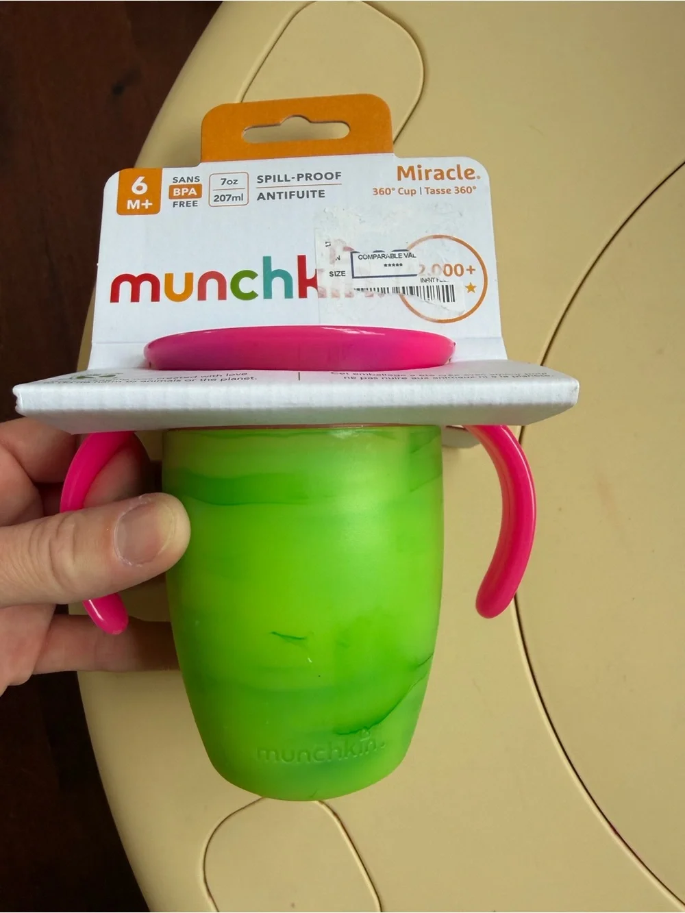 NWT Munchkin Green Cup with Pink Handles - Miracle 360° Spill-Proof
